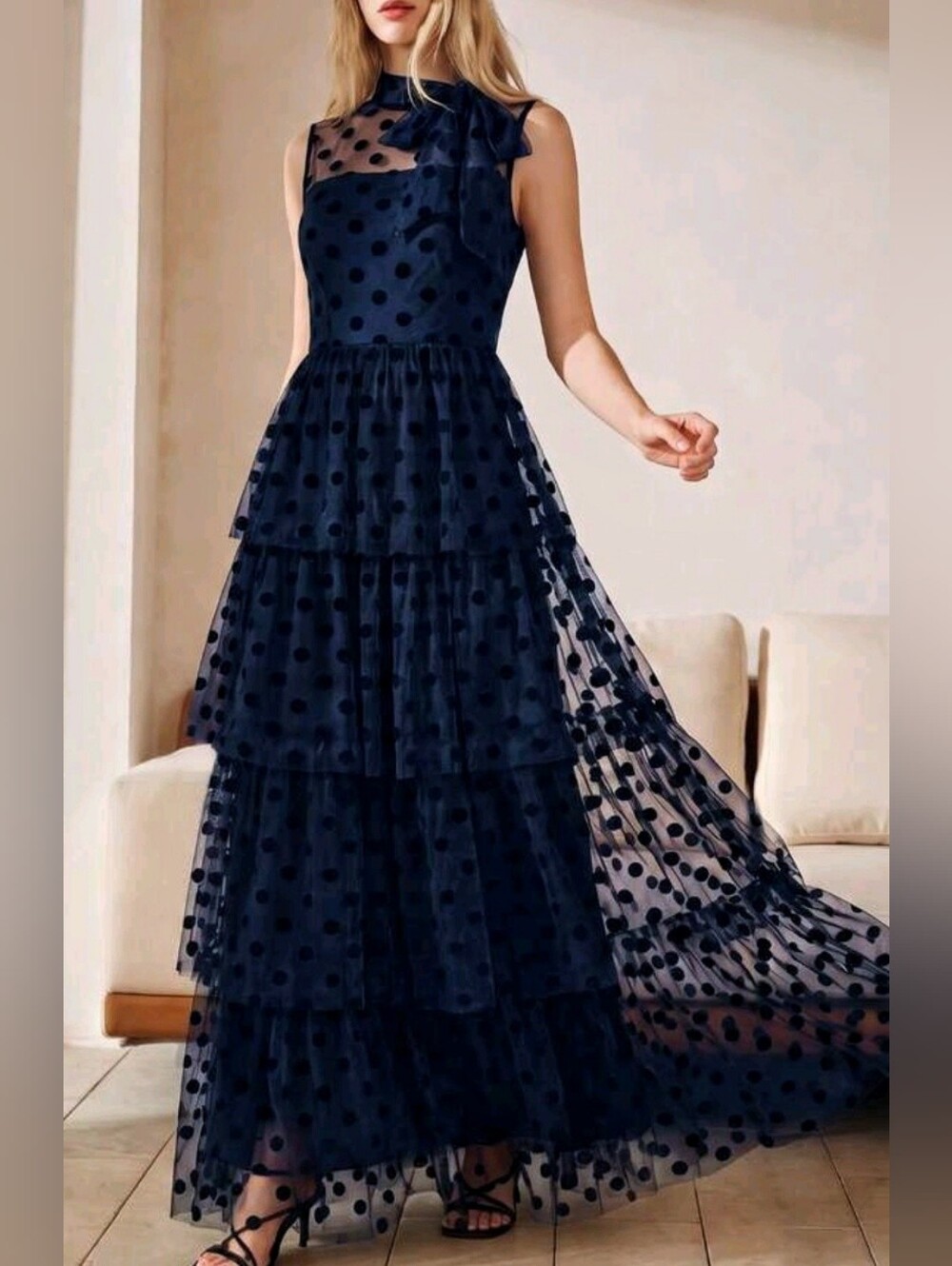 New Polka Dot Maxi Dress Bow Tie Neck Layered Ruffle Blue Black